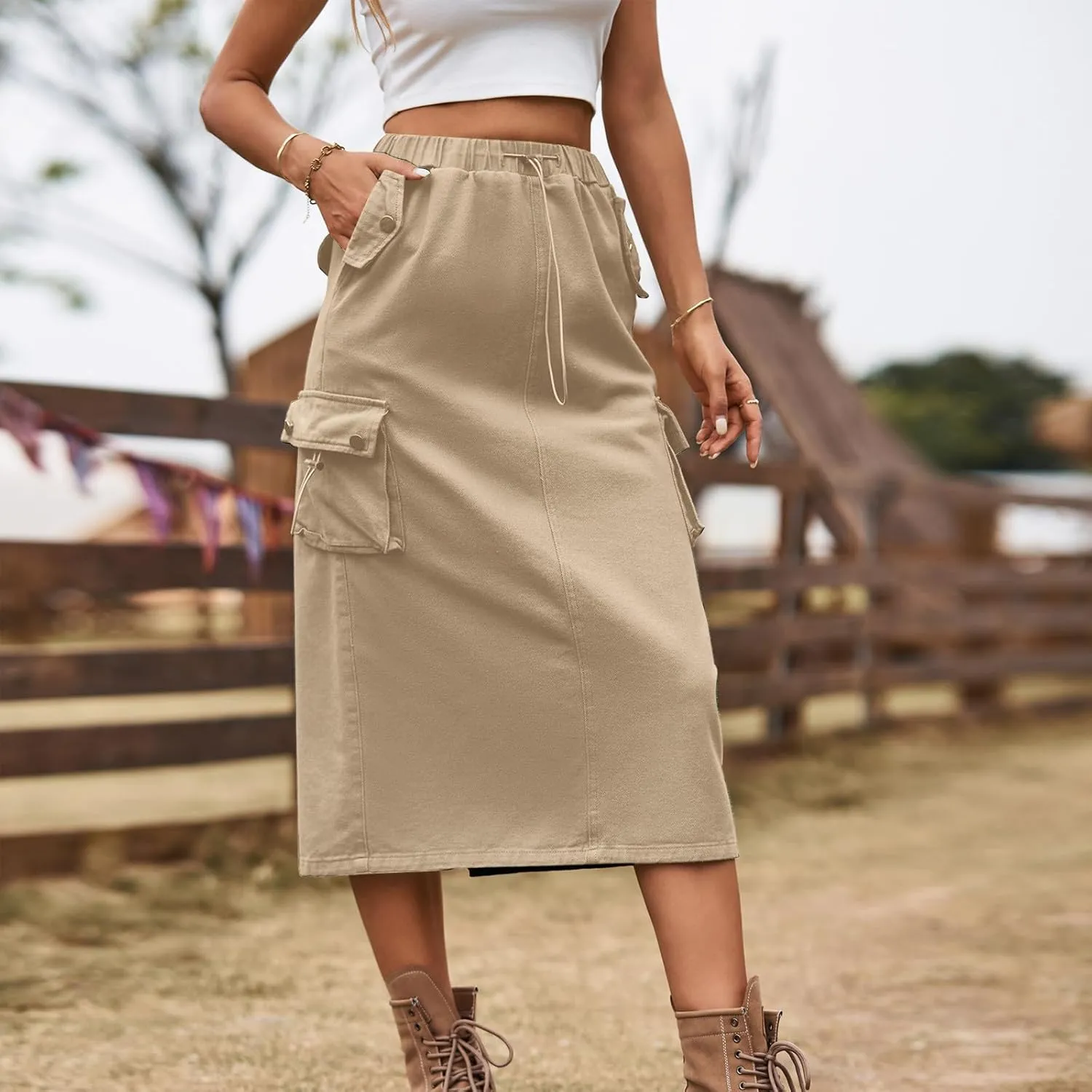 Cargo Skirts for Women Solid High Waist Drawstring Skort with Flap Pockets Casual Comfy Adjustable Knee Length Skirt