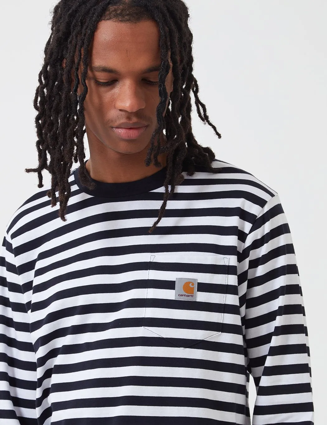 Carhartt-WIP Scotty Long Sleeve Pocket T-Shirt (Stripe) - Dark Navy Blue/White