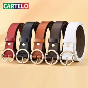 CARTELO Female The New classic retro fashion all-match leather belt light body paint round buckle belt simple Circle Pin Buckles