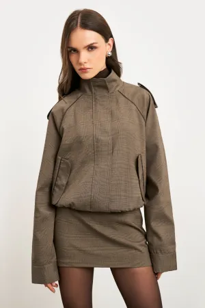 Relaxed High Collar Bomber Jacket - Carob Check straight-leg pants silhouette baseball event