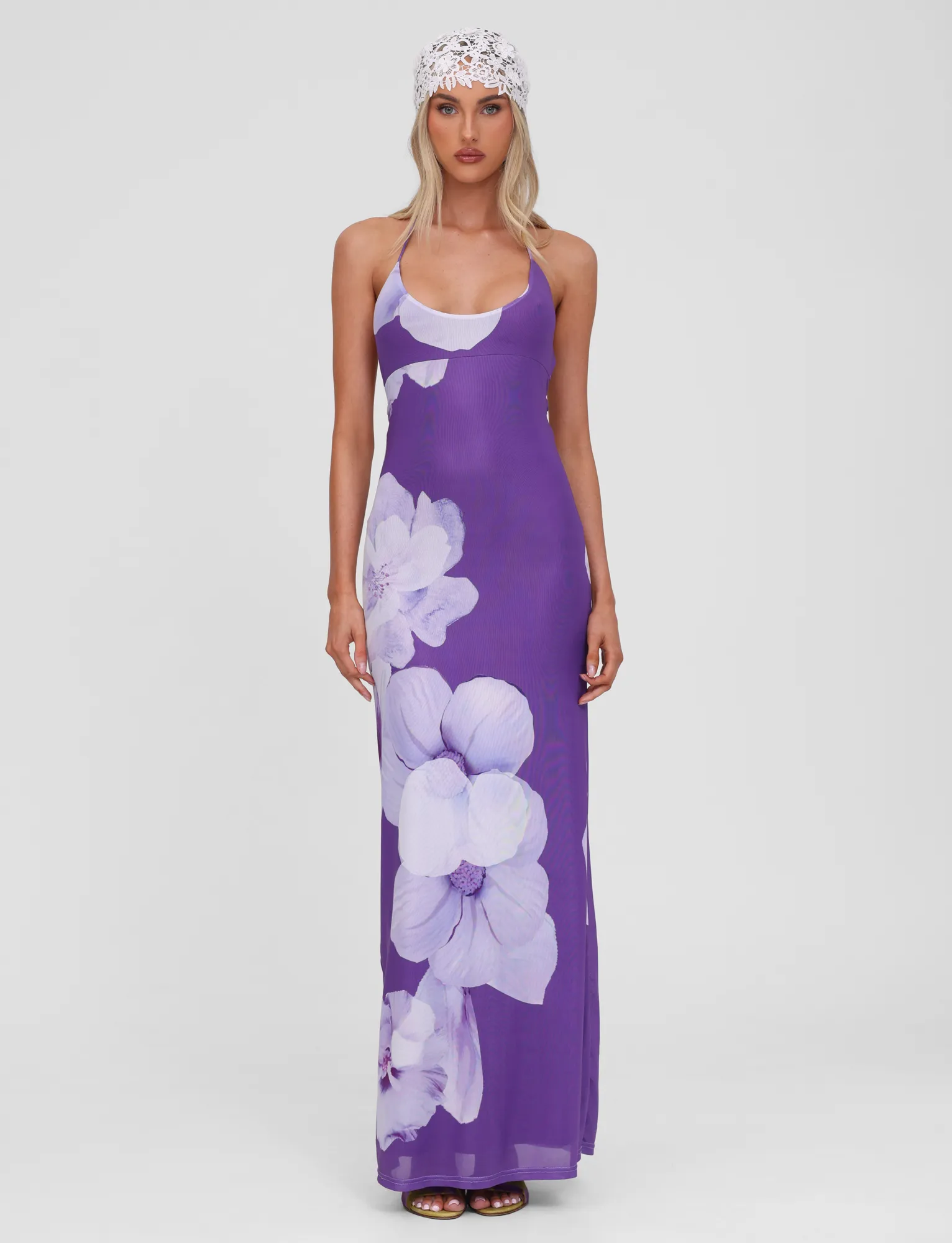 Bold Structure Flexible Fit NOUR MESH MAXI DRESS - PURPLE MACRO FLORAL