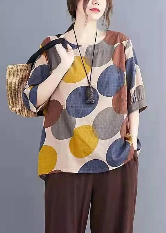 Casual Coffee O Neck Print Patchwork Cotton T Shirts Summer LY4085