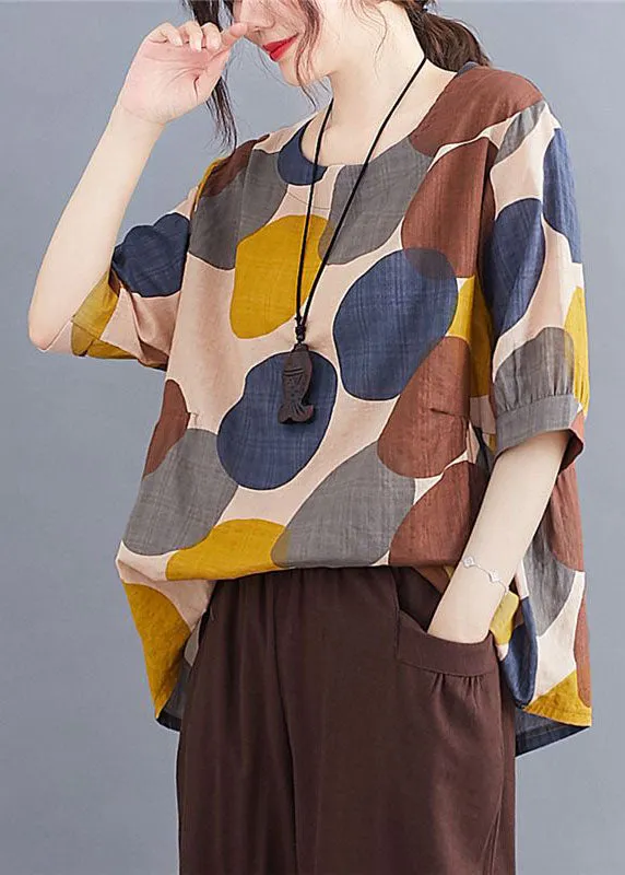 Casual Coffee O Neck Print Patchwork Cotton T Shirts Summer LY4085
