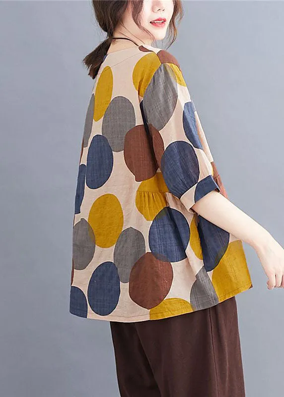 Casual Coffee O Neck Print Patchwork Cotton T Shirts Summer LY4085