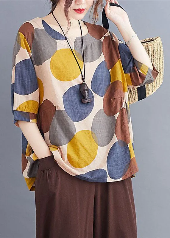 Casual Coffee O Neck Print Patchwork Cotton T Shirts Summer LY4085