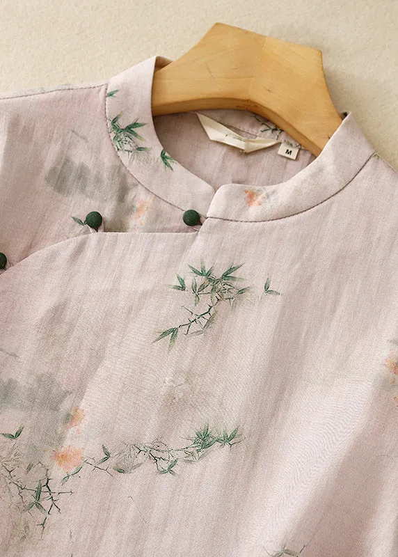 Casual Versatile Pink Stand Collar Print Cotton Shirts Summer AM1045