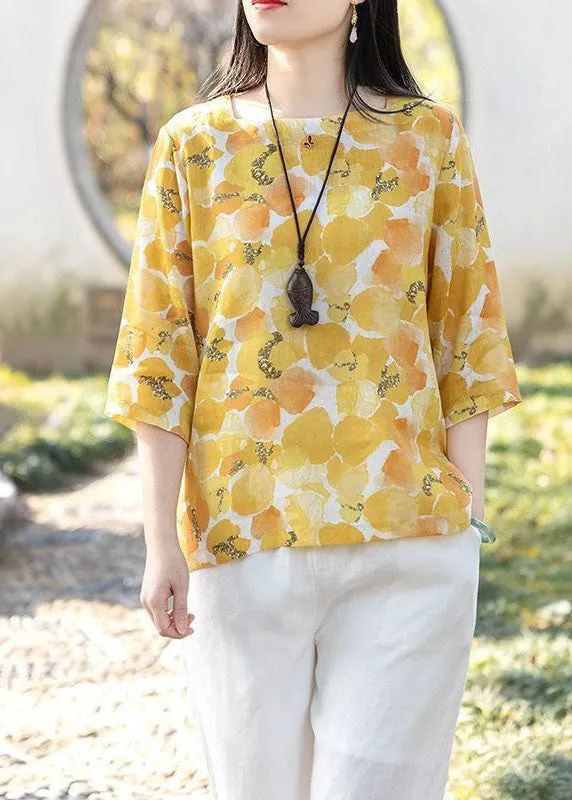Casual Yellow Square Collar Print Linen T Shirts Top Summer LY2911