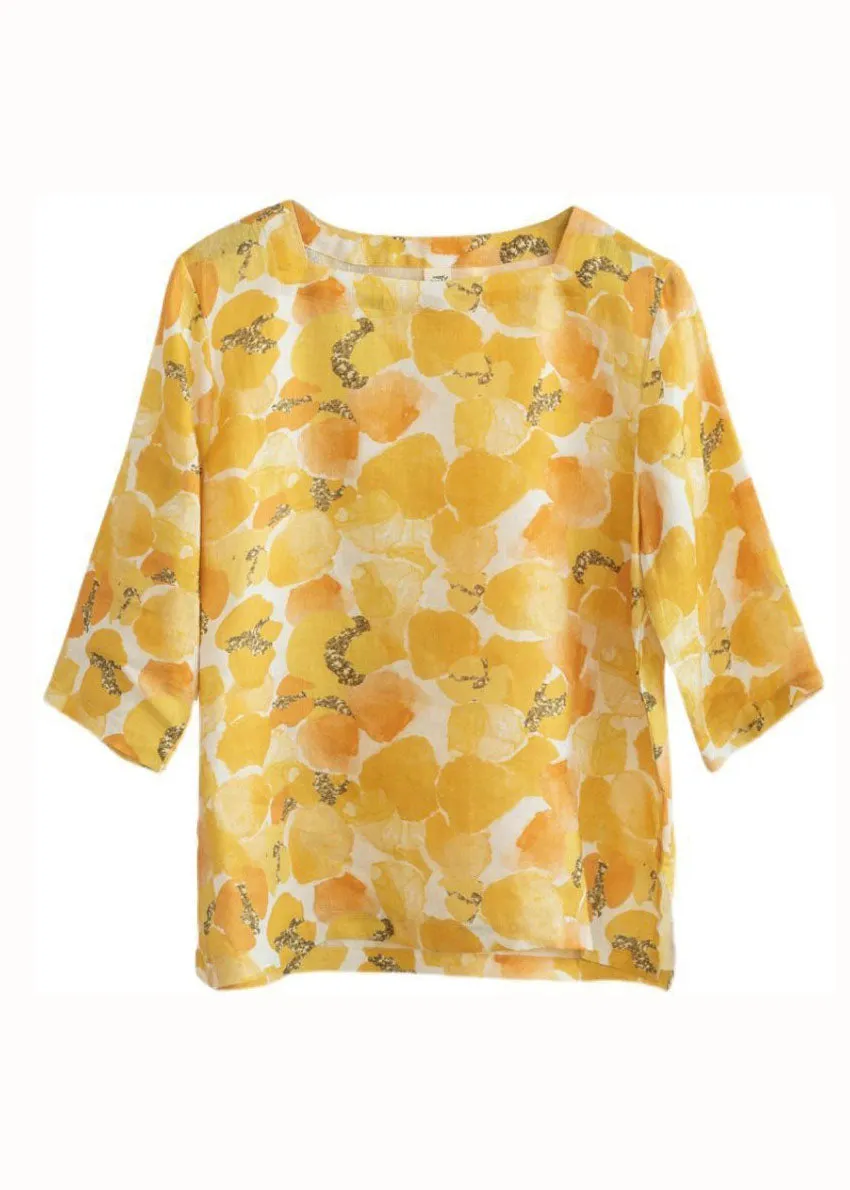 Casual Yellow Square Collar Print Linen T Shirts Top Summer LY2911