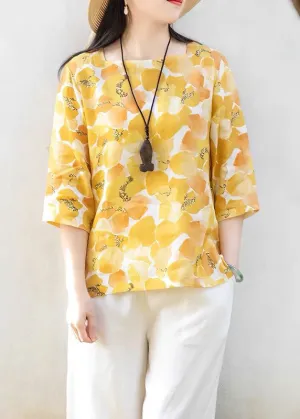 Casual Yellow Square Collar Print Linen T Shirts Top Summer LY2911