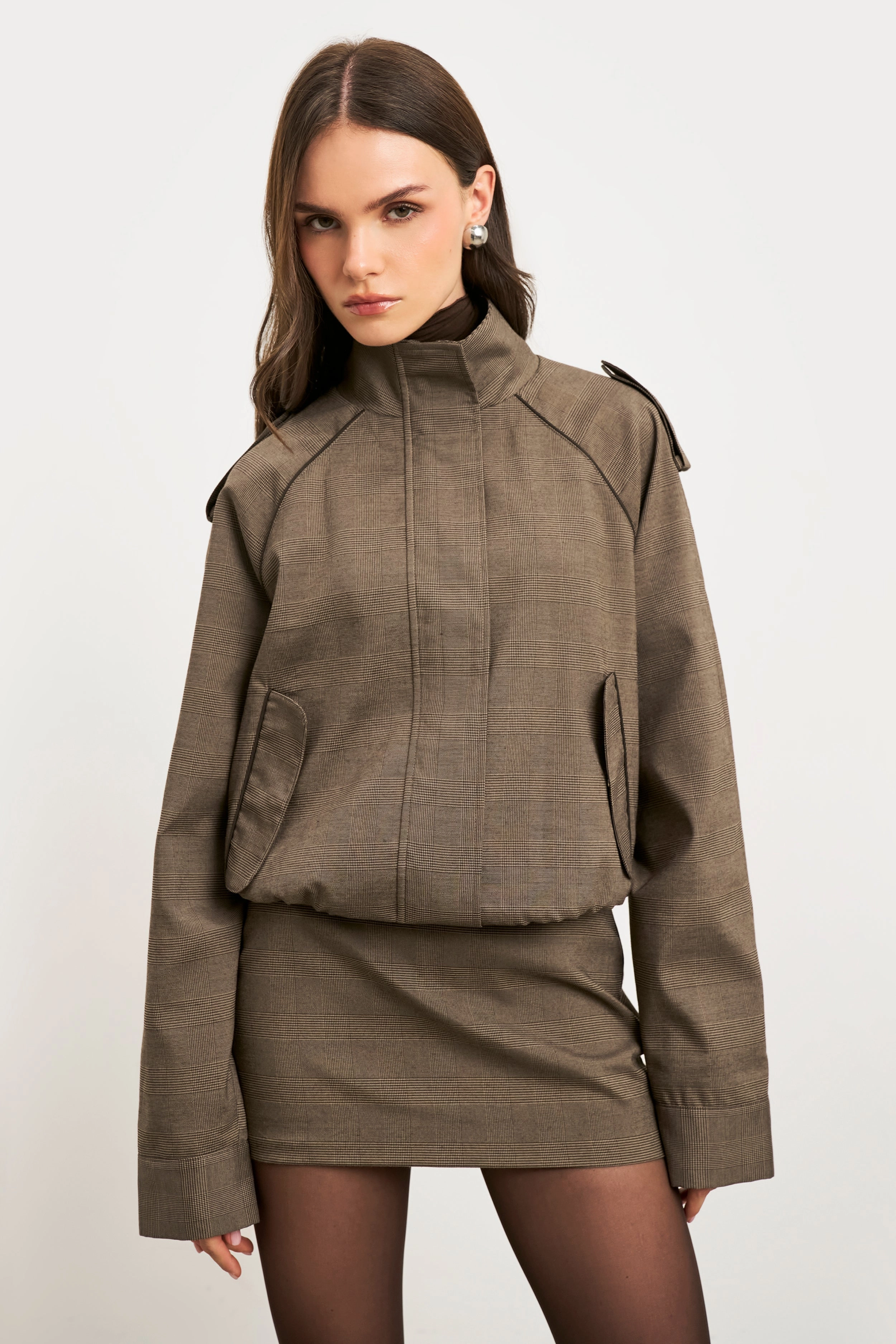 Relaxed High Collar Bomber Jacket - Carob Check straight-leg pants silhouette baseball event