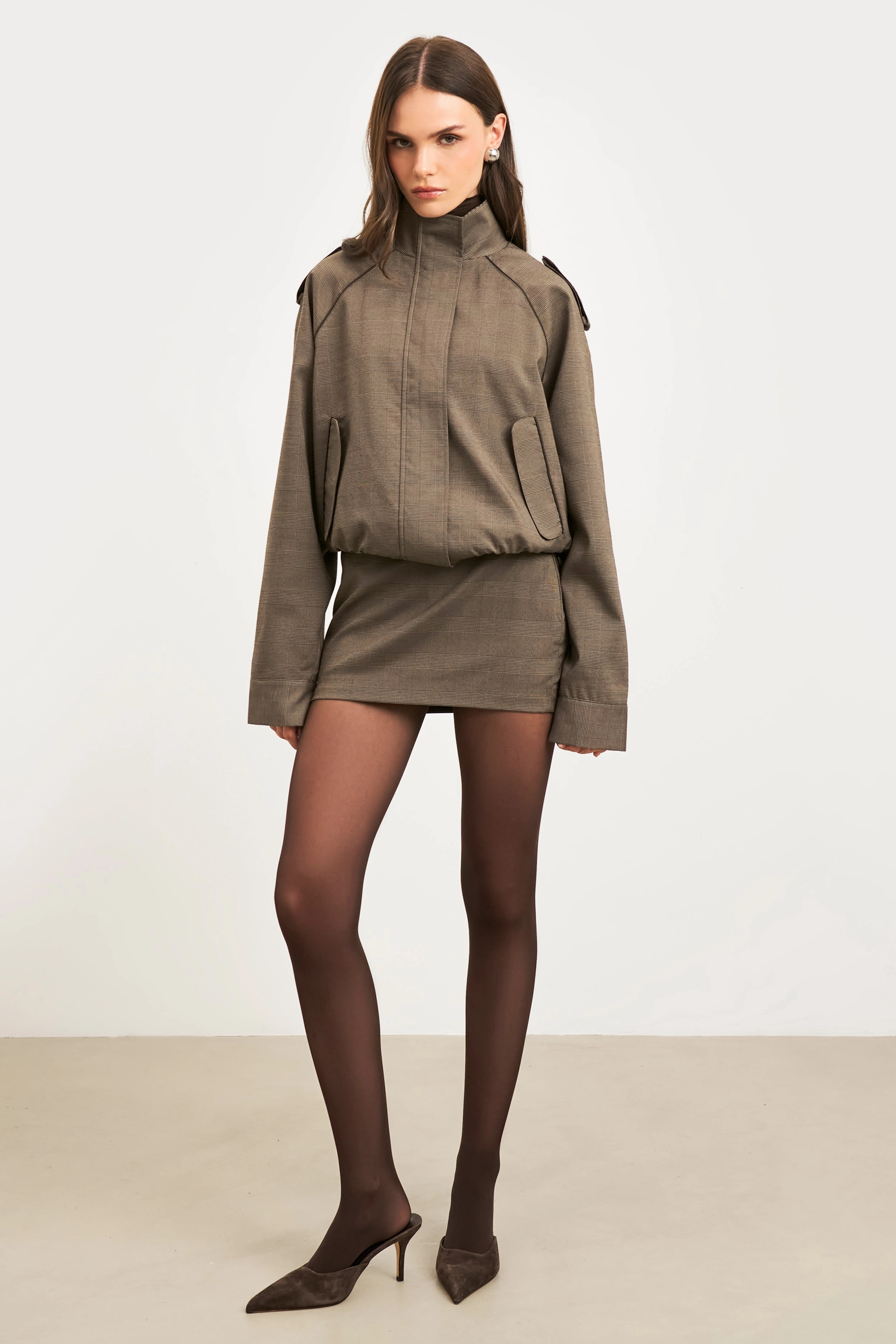Relaxed High Collar Bomber Jacket - Carob Check Size large High-waisted