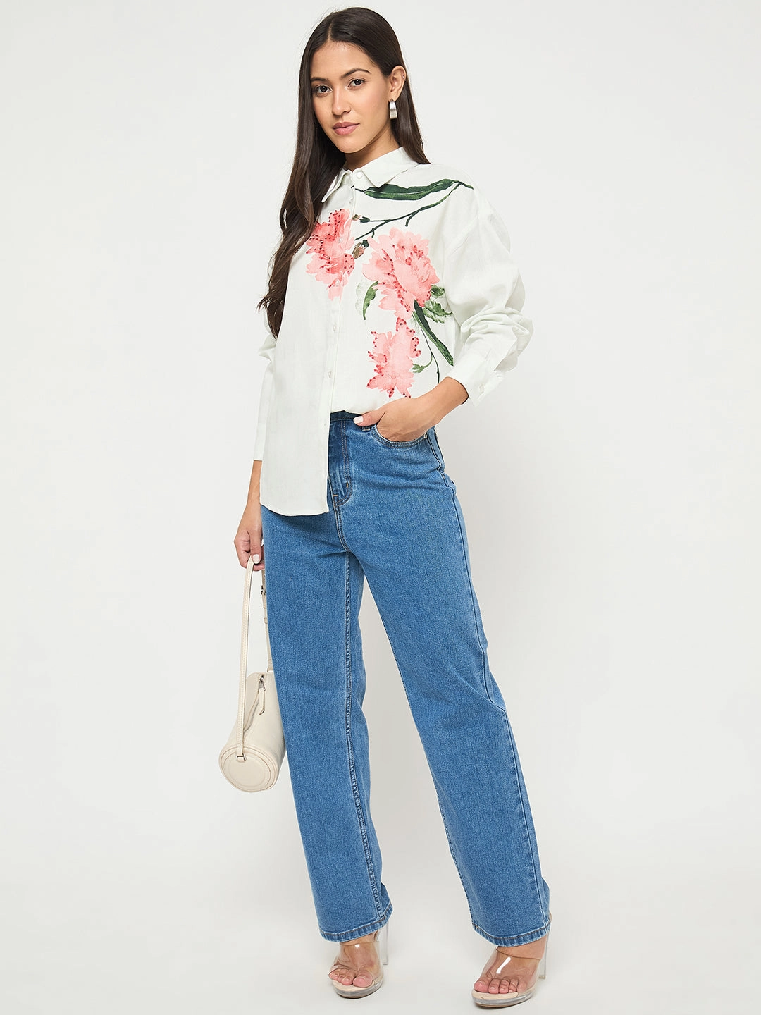Breathable Material Flexible Movement Madame Floral Print Light Green Viscose Blend Shirt