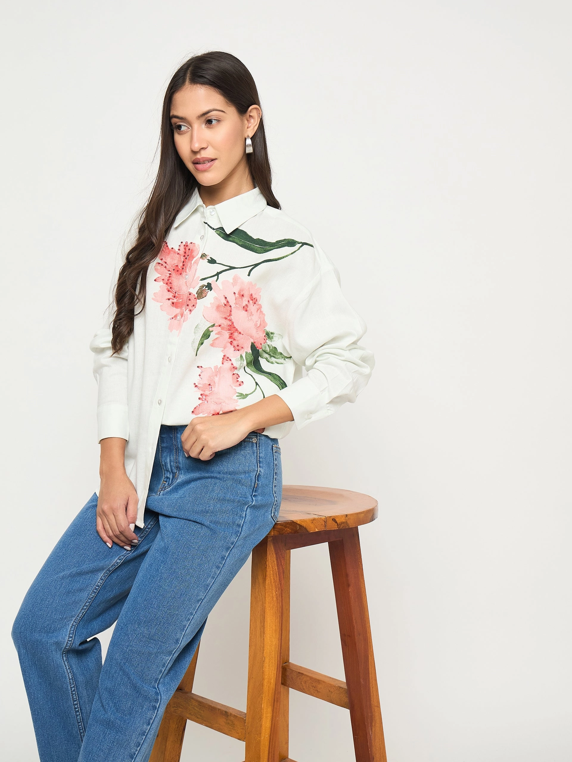 Madame Floral Print Light Green Viscose Blend Shirt Textured Finish Everyday Essential
