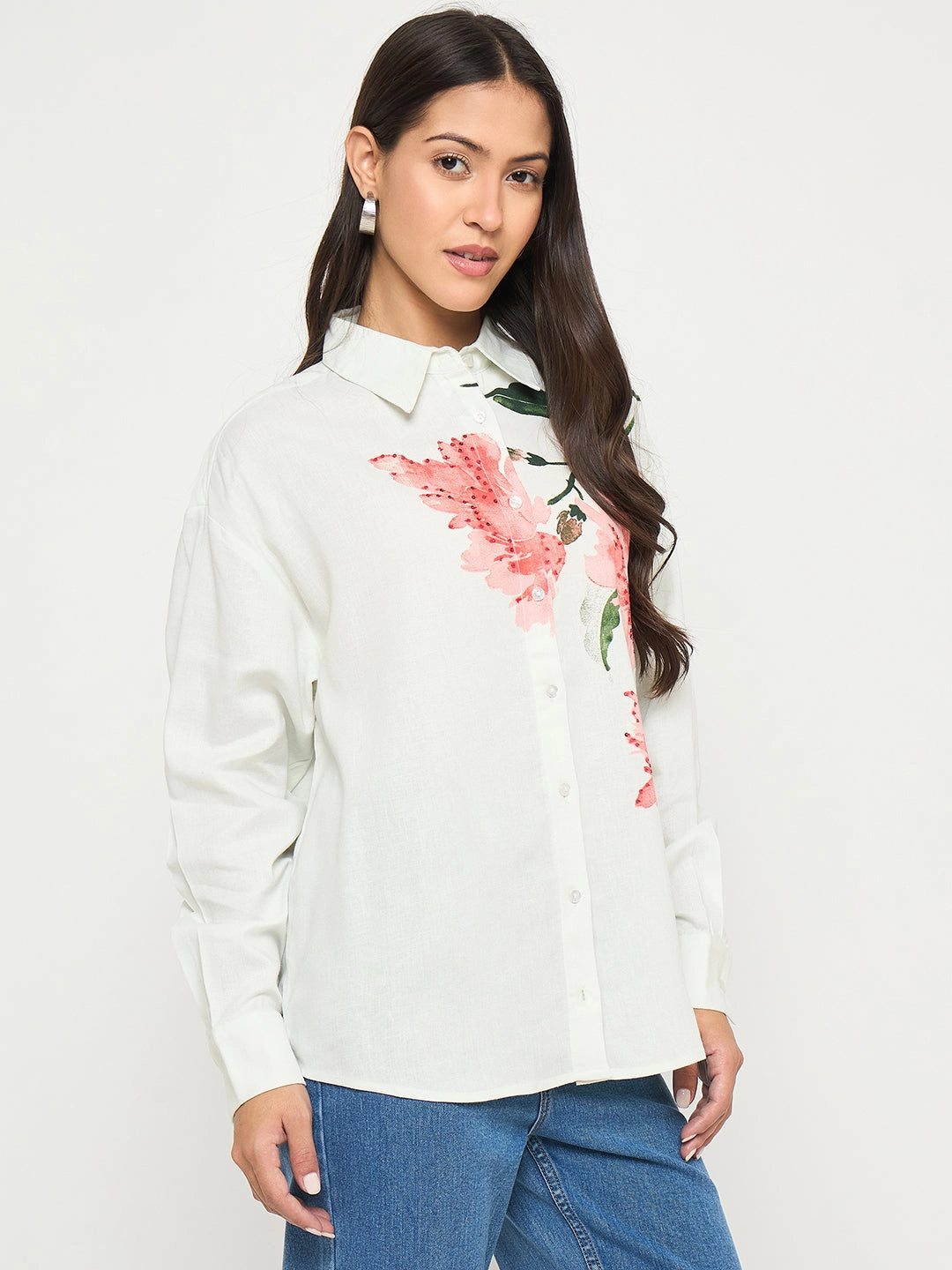 Madame Floral Print Light Green Viscose Blend Shirt Minimalist Look quick dry