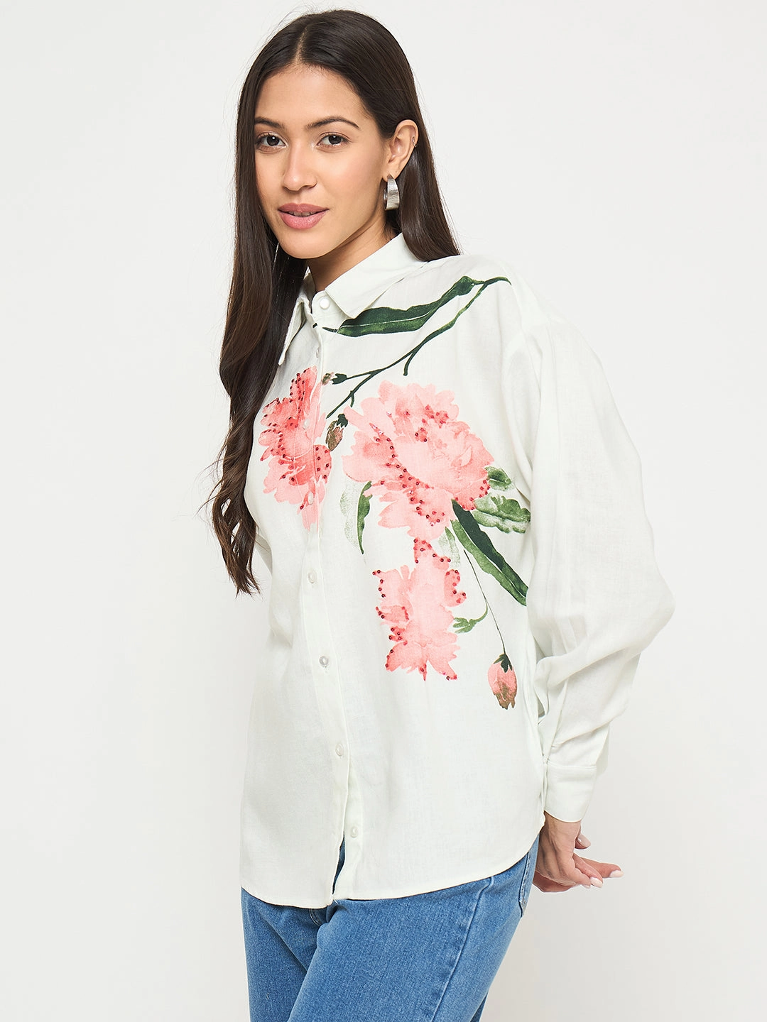 Madame Floral Print Light Green Viscose Blend Shirt Travel Friendly