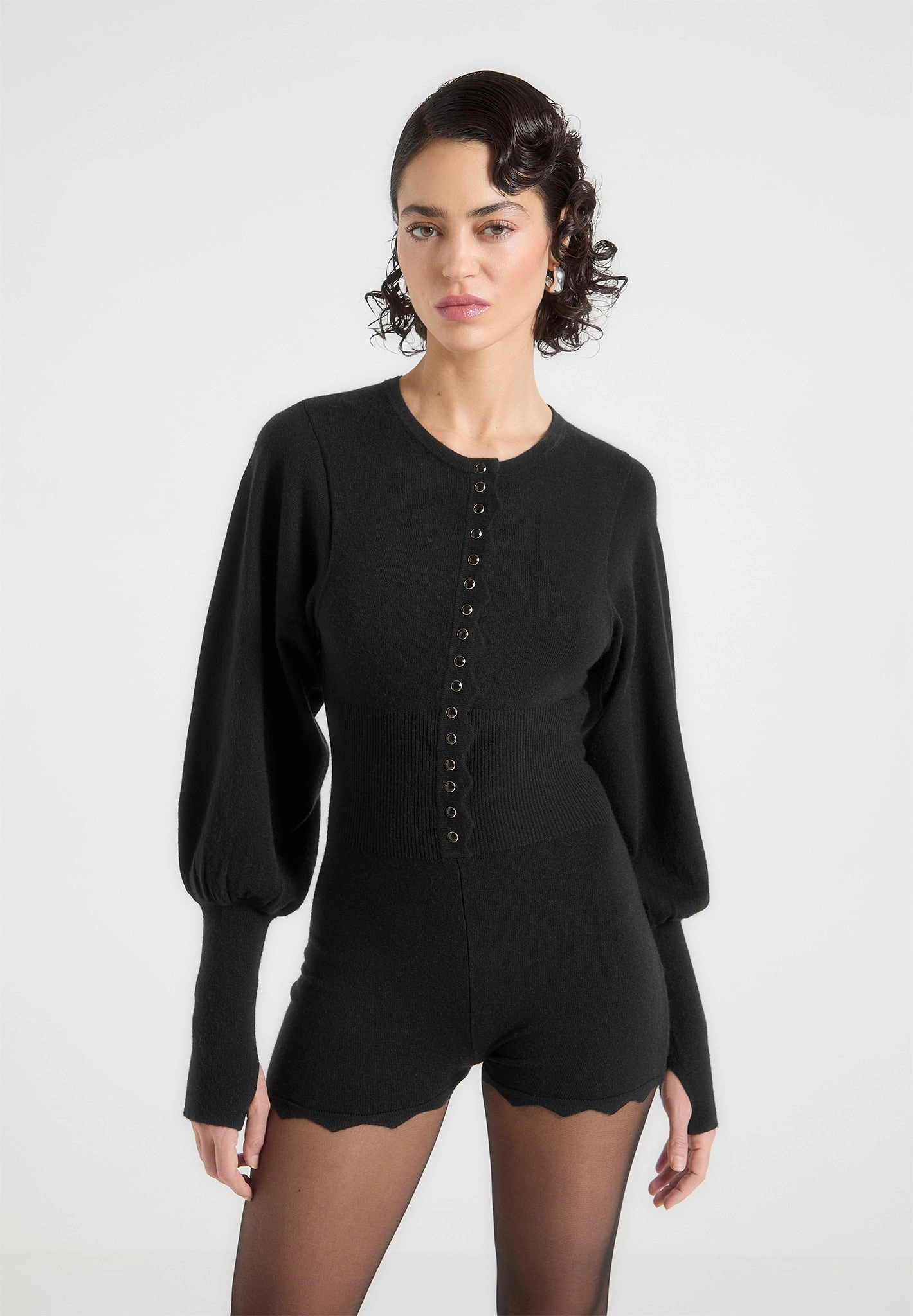 Michele - Knitted Scallop Hem Playsuit - Black LowMaintenance Fabric