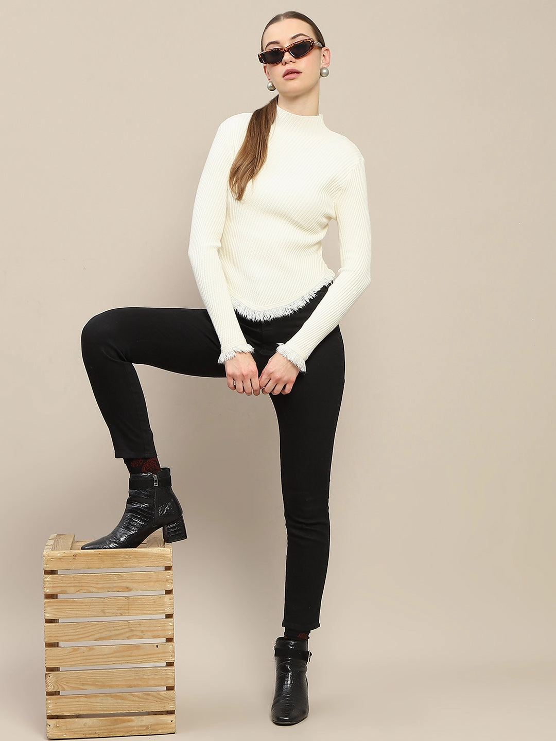 Drop Shoulder Madame Fur Cuffs and Hem Beige Sweater