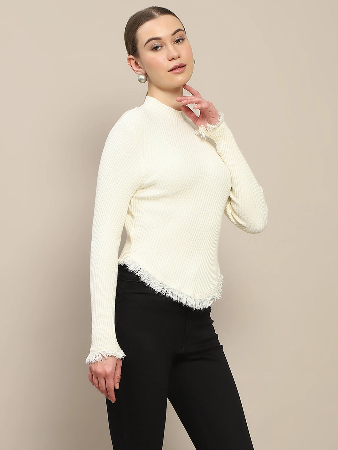 slim fit Madame Fur Cuffs and Hem Beige Sweater