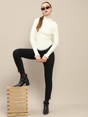 Drop Shoulder Madame Fur Cuffs and Hem Beige Sweater