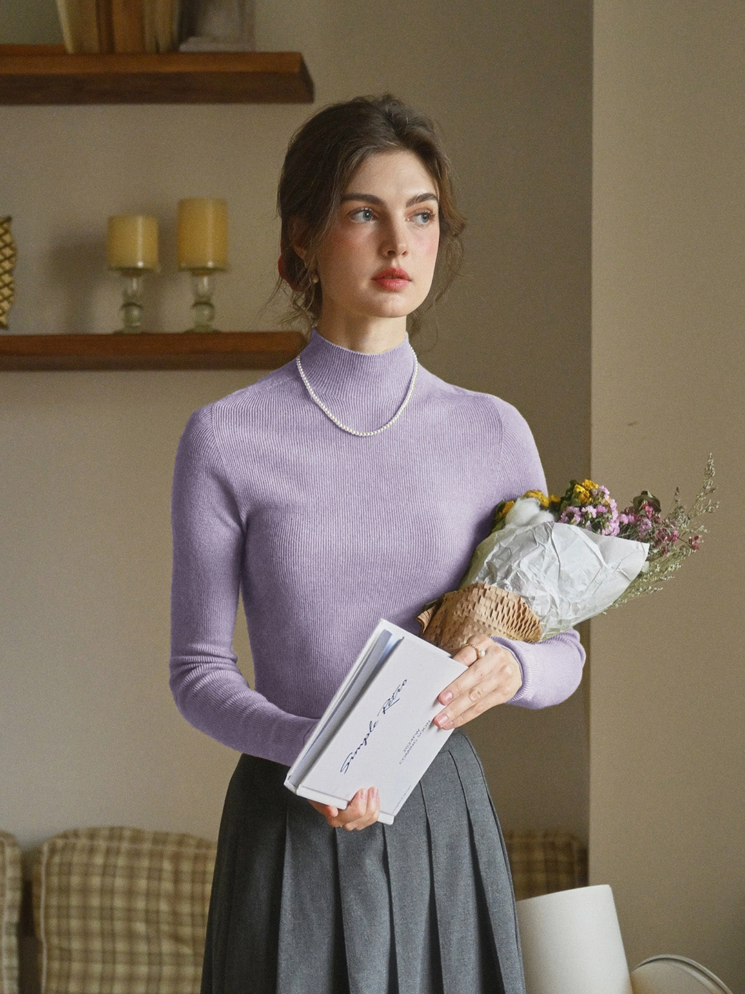 Erin 100% Wool Simple Mock Neck Slim Fit Sweater - Purple Work Friendly NonRestrictive Fit
