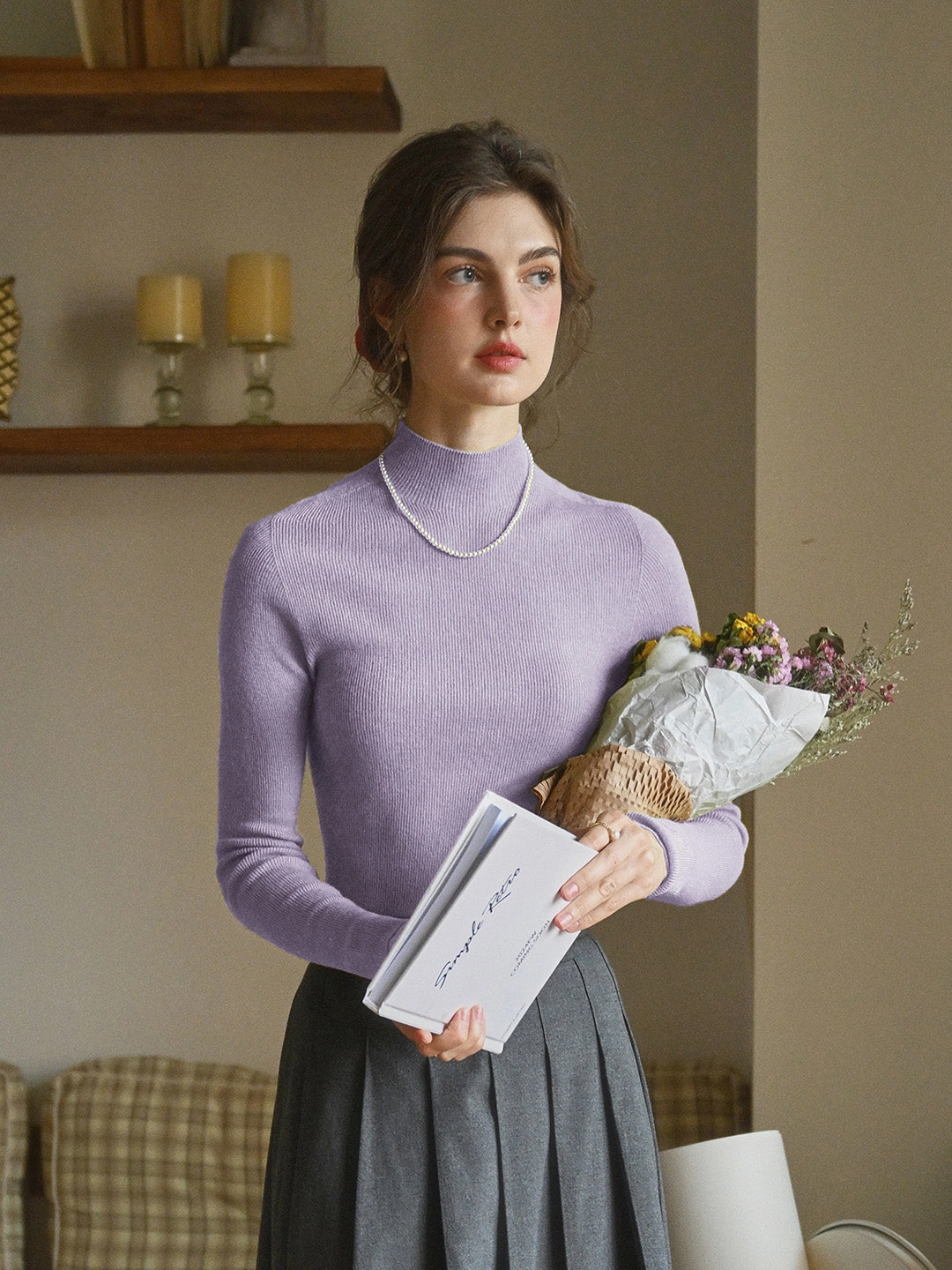 Fall Comfort Layered Edging Erin 100% Wool Simple Mock Neck Slim Fit Sweater - Purple
