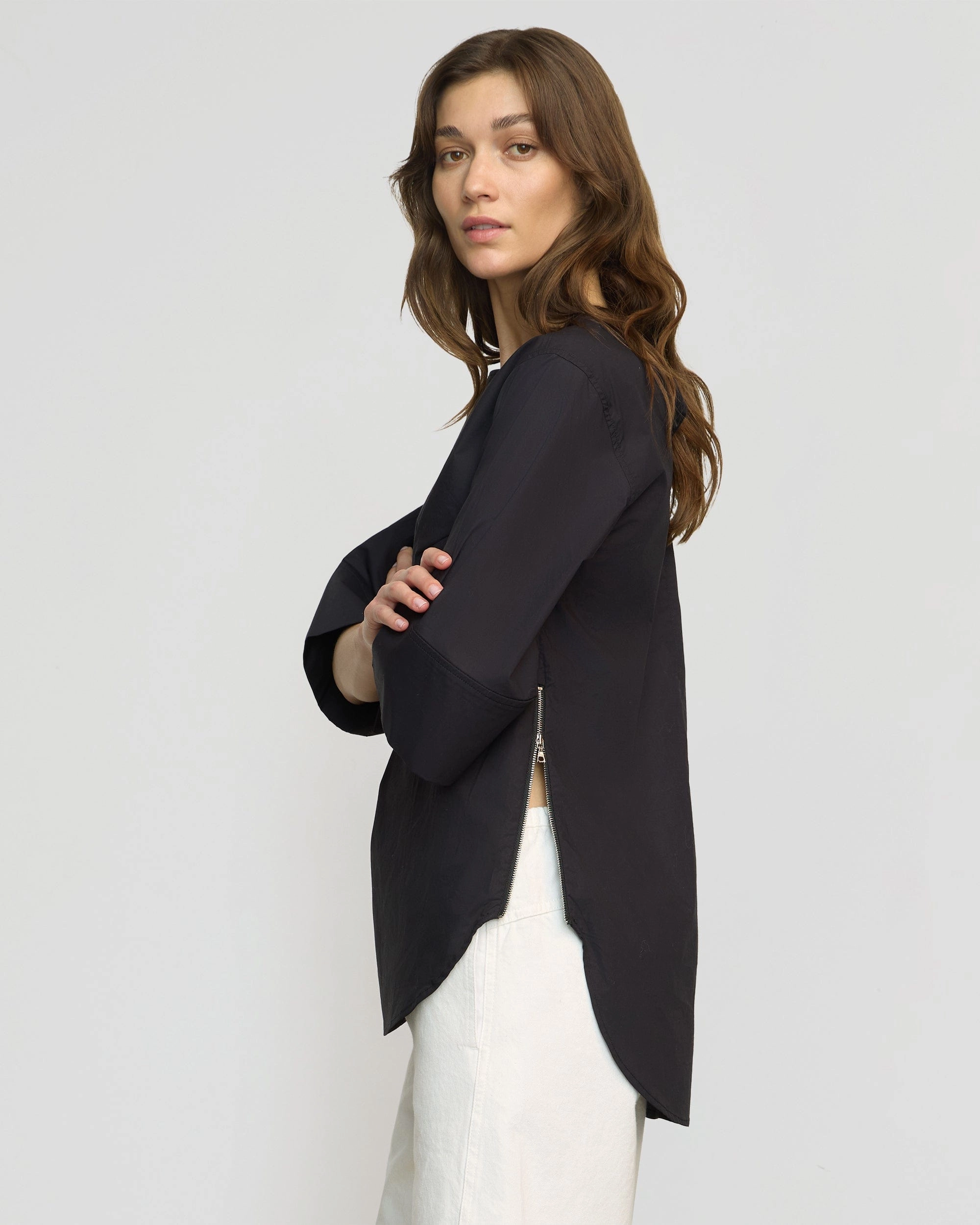 Catie Side-Zip Oversized Tulip-Hem Top Friction Reducing Finish Roll Up Sleeve Design