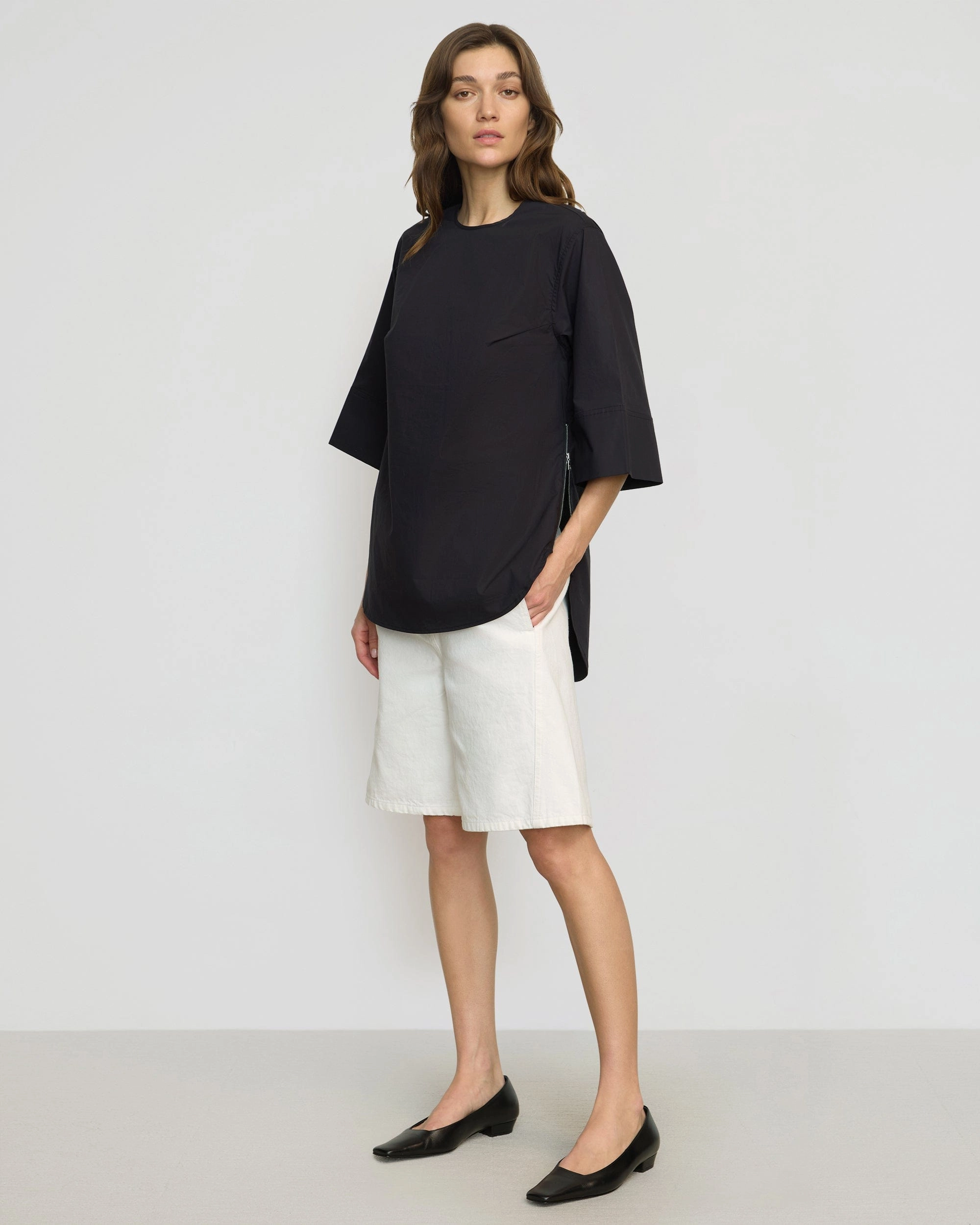 Catie Side-Zip Oversized Tulip-Hem Top FlexibleCuffs Breathable Material