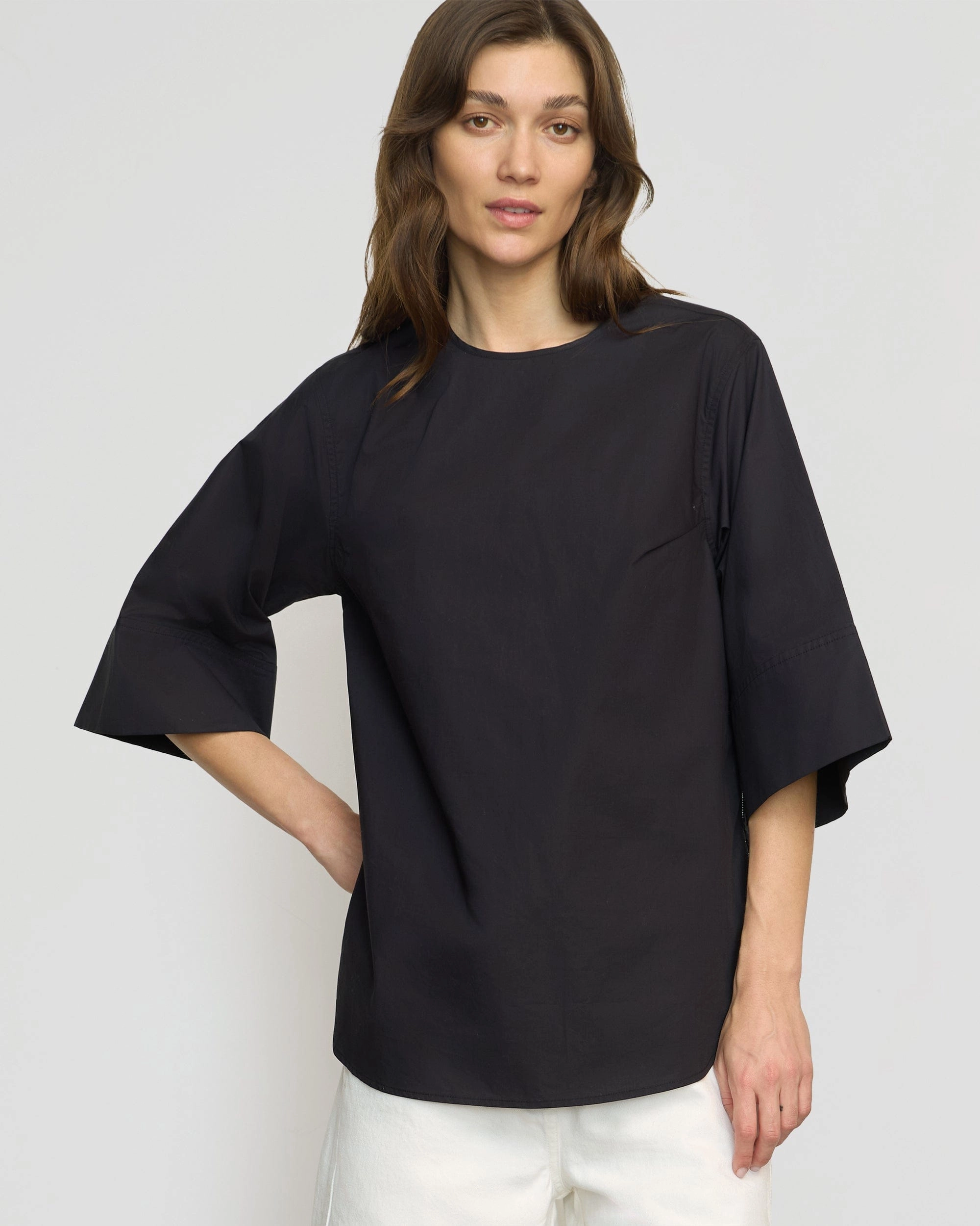 Catie Side-Zip Oversized Tulip-Hem Top Reinforced Hemline