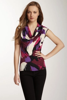 Reinforced Hemline Cawl Neck Top - Plum Print
