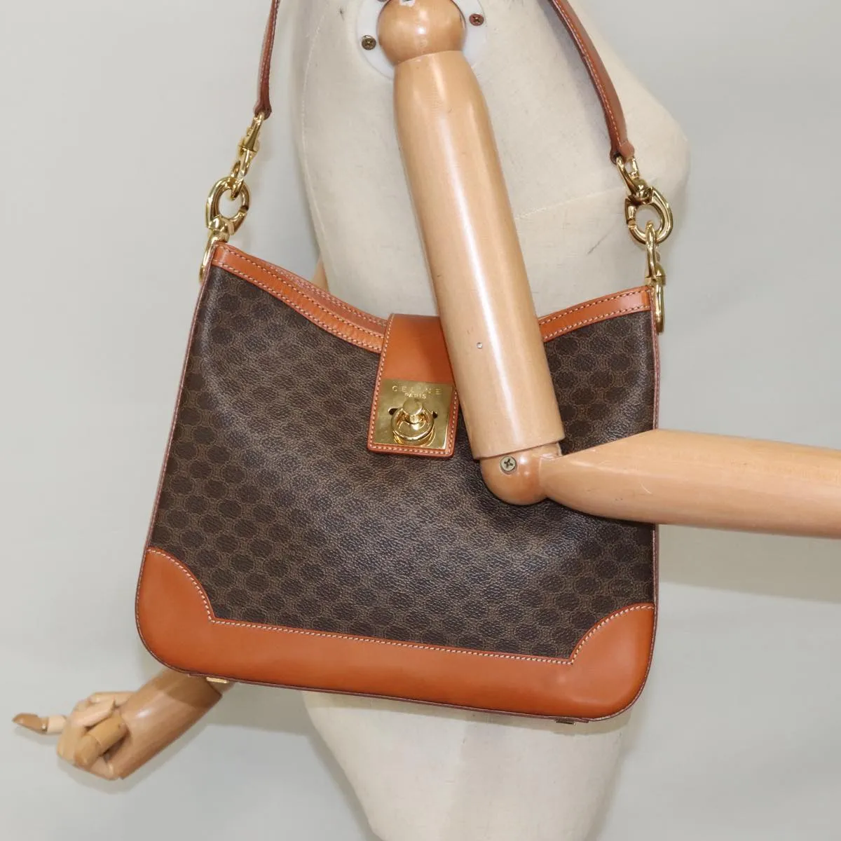 CELINE Macadam Canvas Shoulder Bag PVC Leather Brown Gold 97279