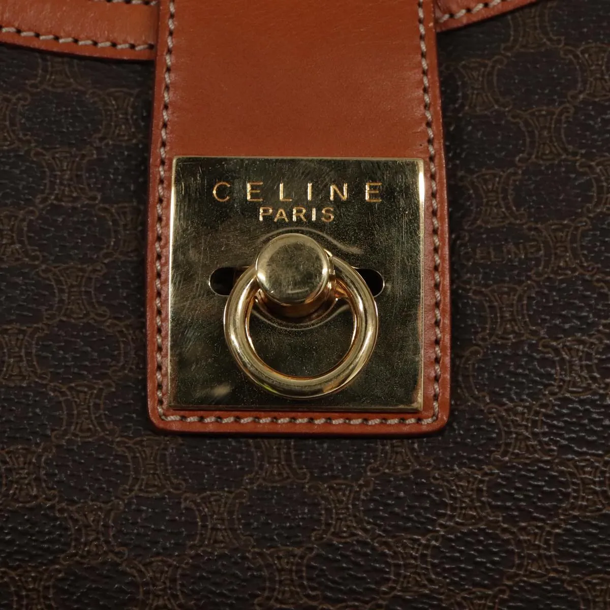 CELINE Macadam Canvas Shoulder Bag PVC Leather Brown Gold 97279