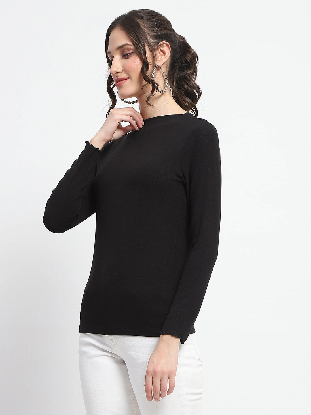 Classic Hoodie Rolled Hem Finish Madame High Neck Full Sleeve Solid Black Top