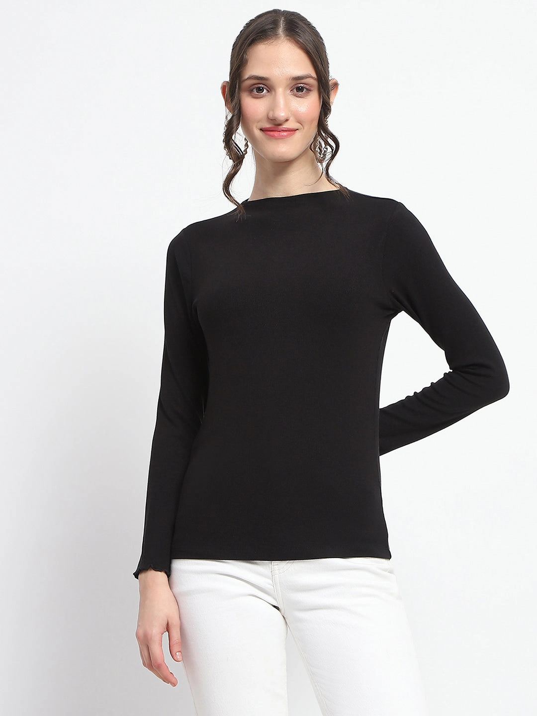 AntiSnag Fabric Madame High Neck Full Sleeve Solid Black Top
