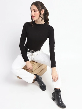 Madame High Neck Full Sleeve Solid Black Top SweatAbsorbent