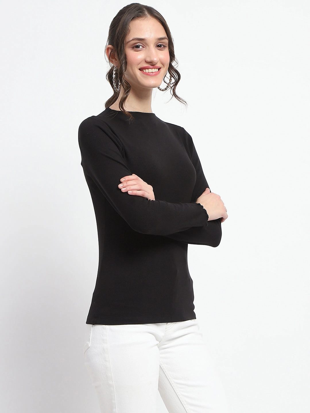 Madame High Neck Full Sleeve Solid Black Top NoSlipGripperBand Double Needle Stitching