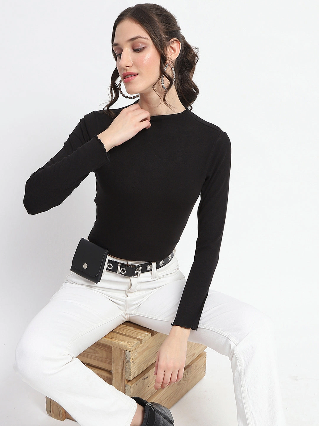 MultiFunctionalDesign Multi Panel Construction Madame High Neck Full Sleeve Solid Black Top