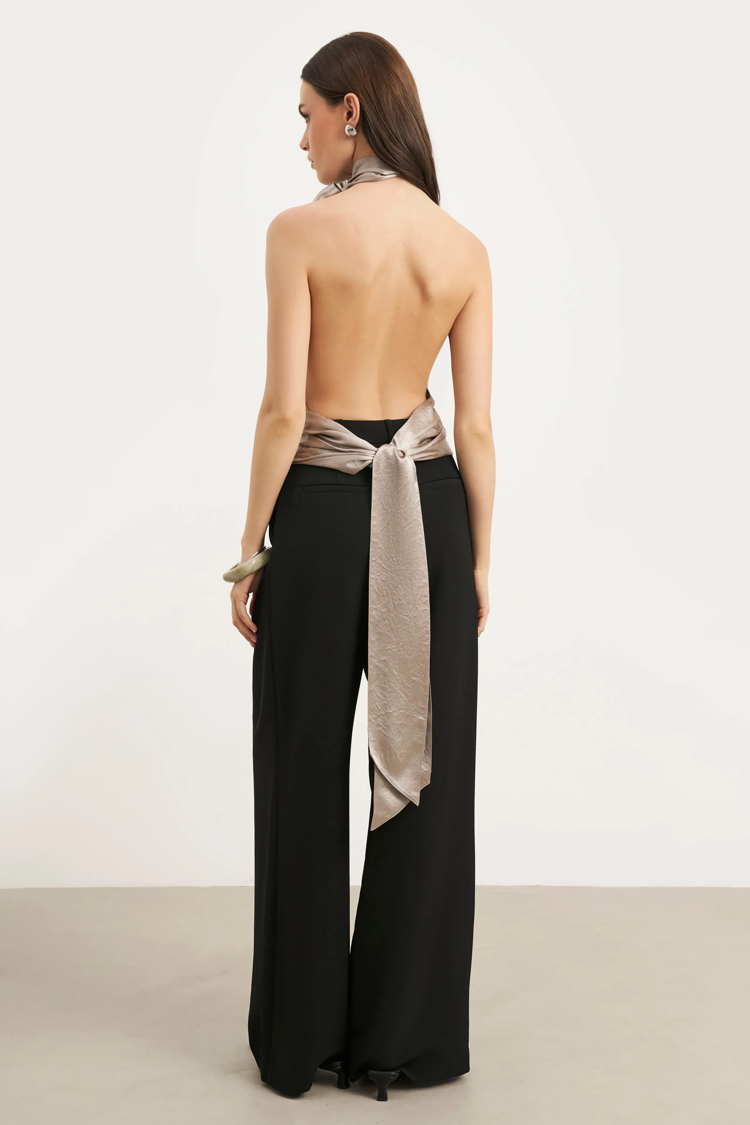Low Impact Manufacturing UPF Protective Fabric Crushed Satin Backless Halterneck Top - Pebble