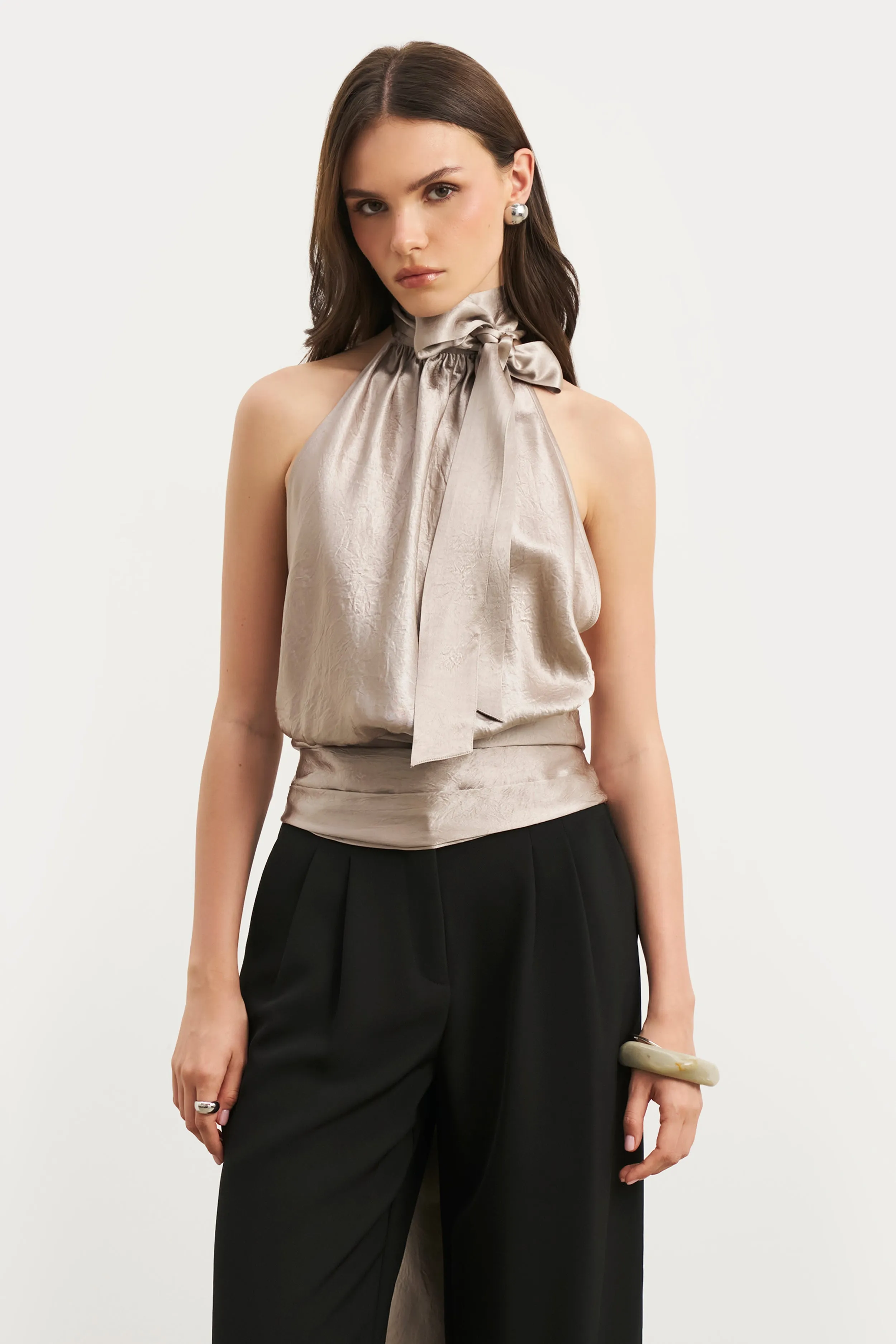 Mesh Lining Crushed Satin Backless Halterneck Top - Pebble