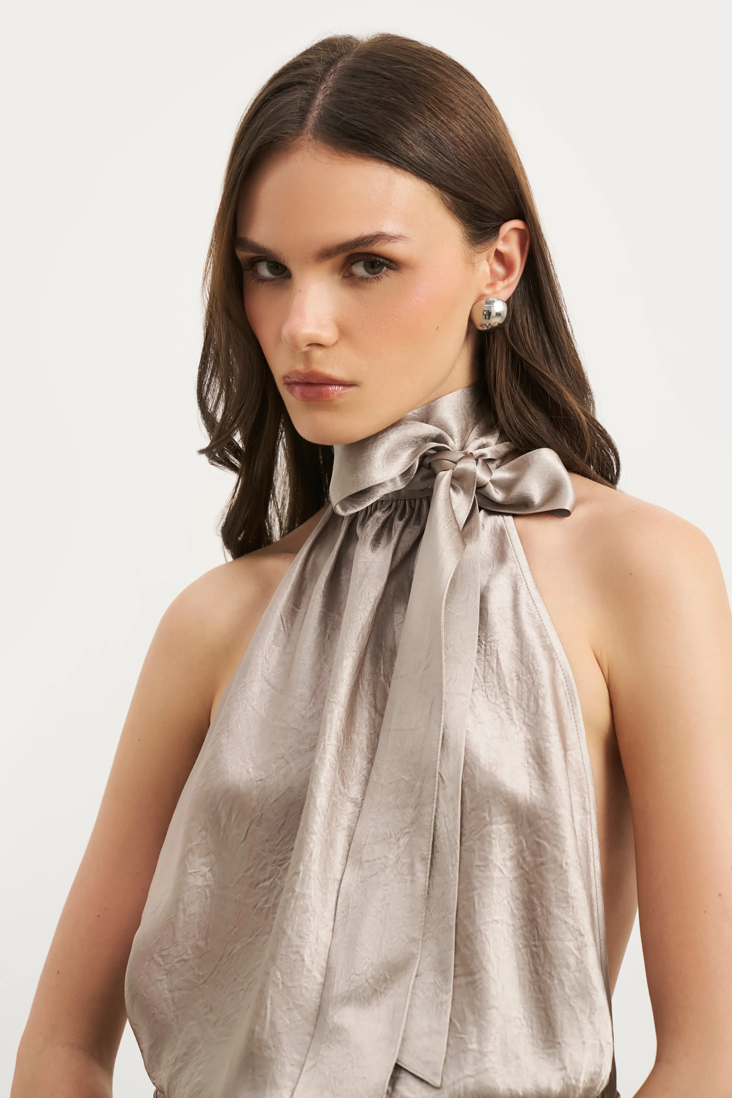 Crushed Satin Backless Halterneck Top - Pebble AdjustableClosure