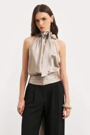 Mesh Lining Crushed Satin Backless Halterneck Top - Pebble