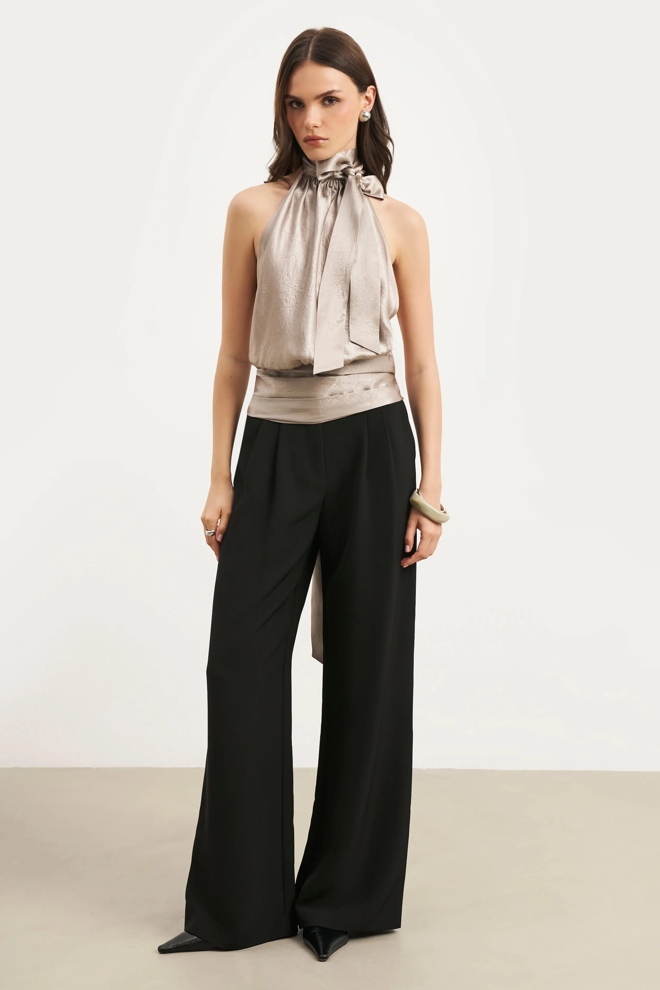 Crushed Satin Backless Halterneck Top - Pebble ContrastTipping Ribbed Hem Finish