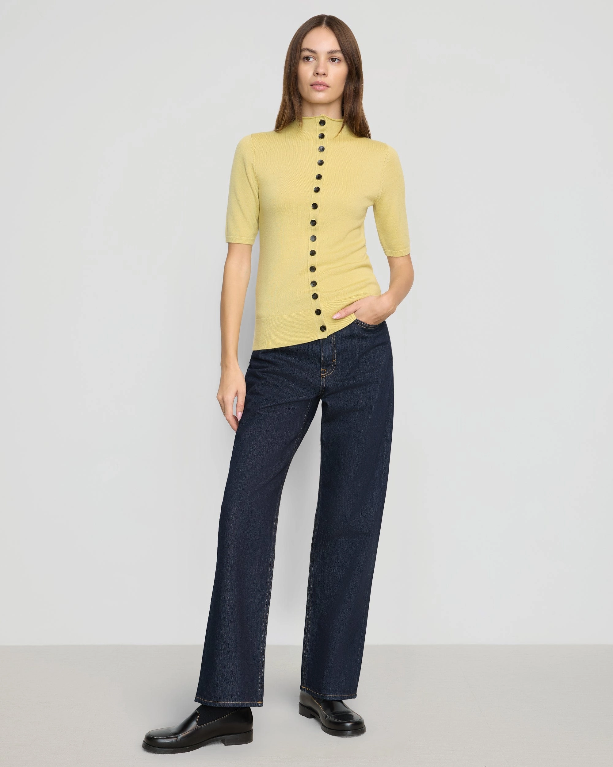 Cozy Essential Charlotte Wool Button Short-Sleeve Sweater