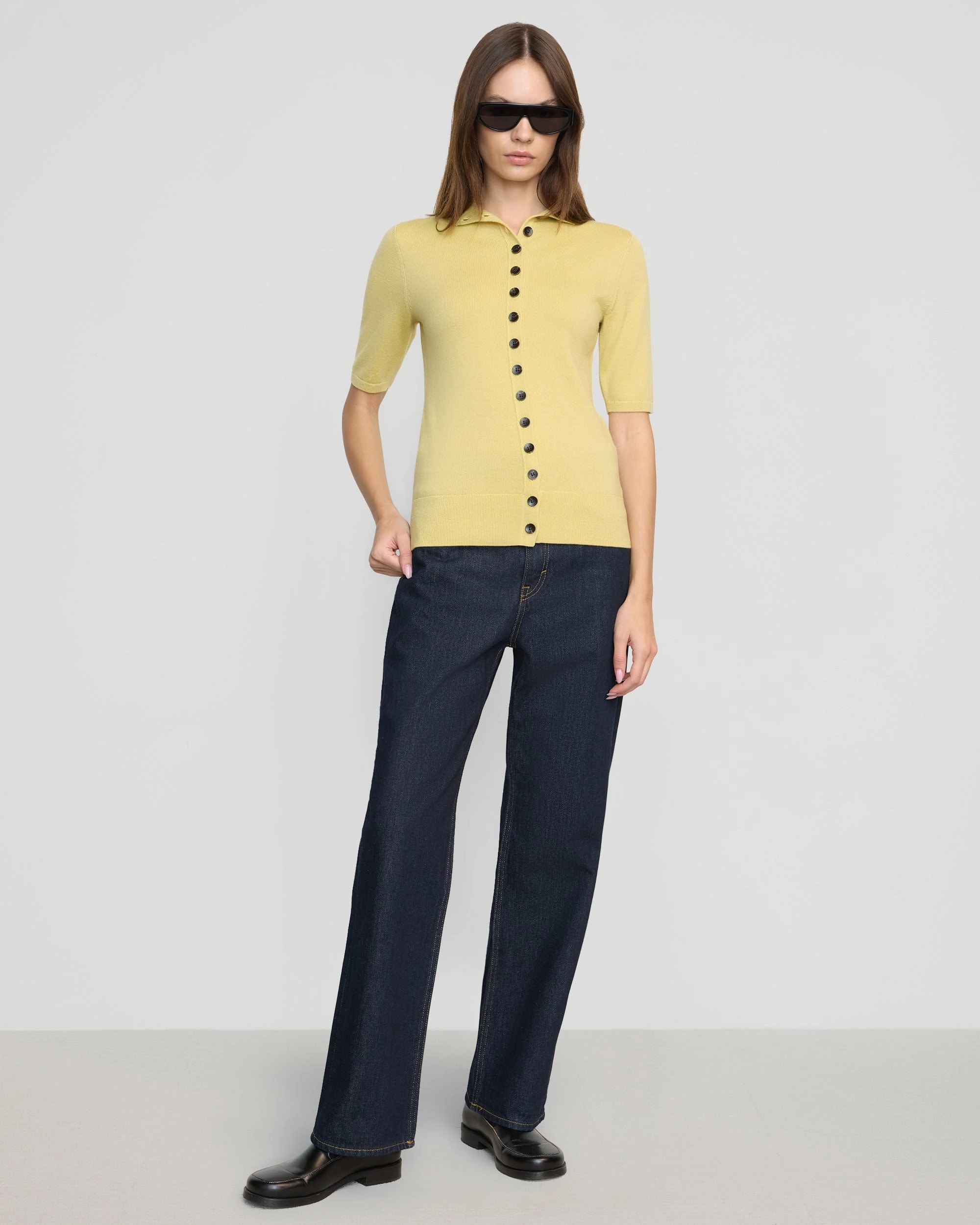 Lightweight Merino Charlotte Wool Button Short-Sleeve Sweater