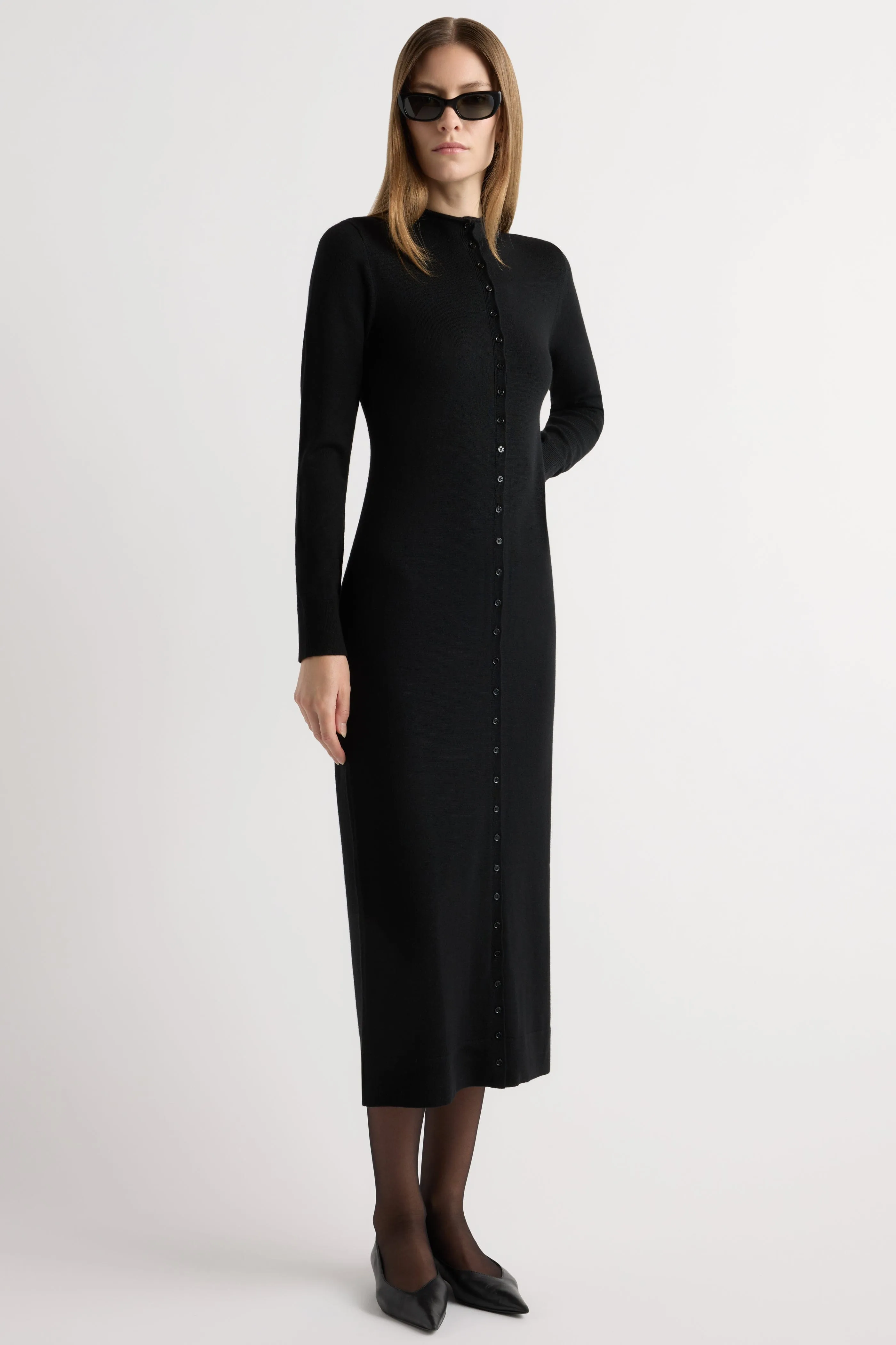 Charu Wool Button Maxi Dress Smocked-Detail Flattering Silhouette