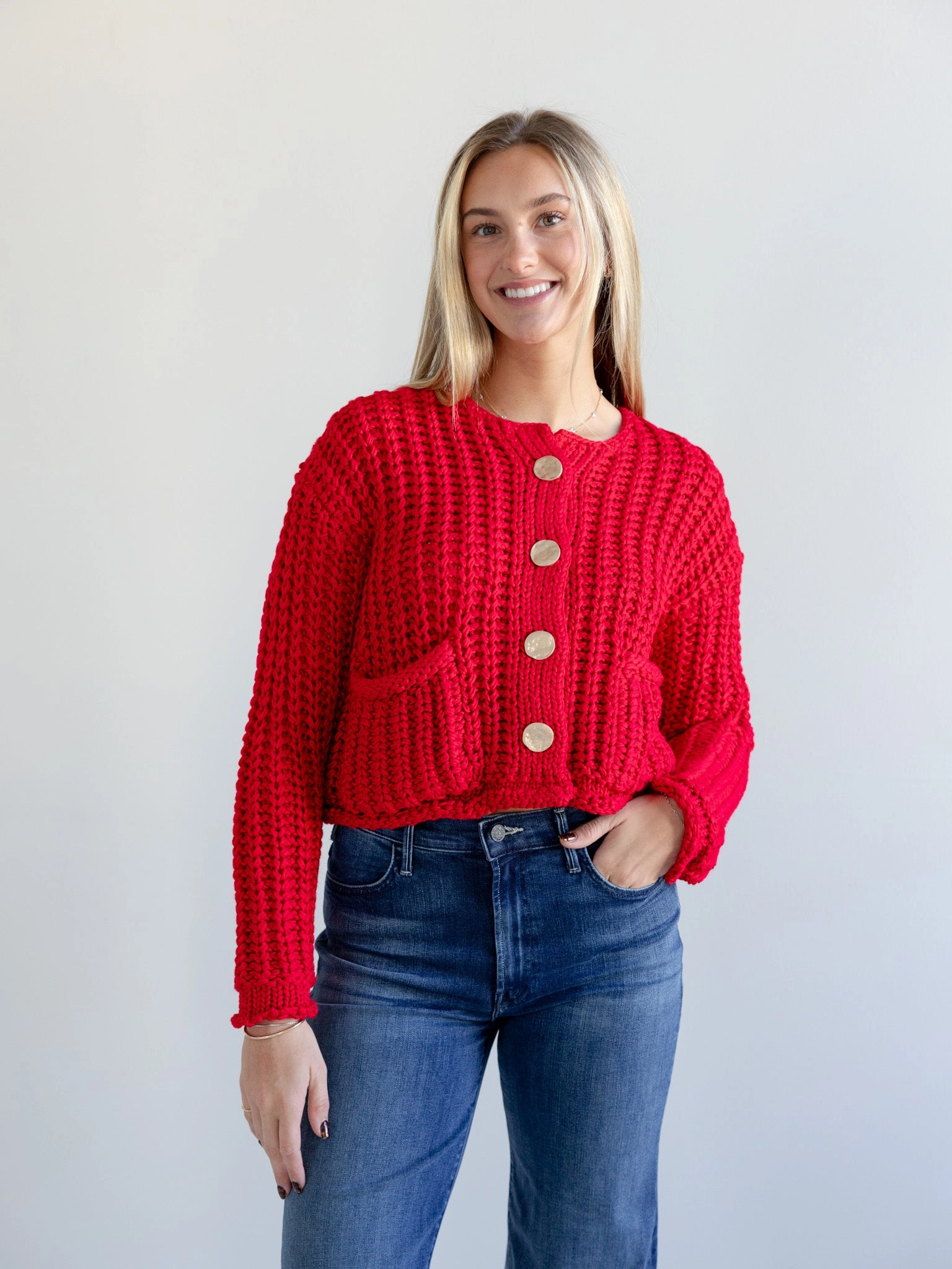 Multi Directional Stretch Cherry Red Cardigan
