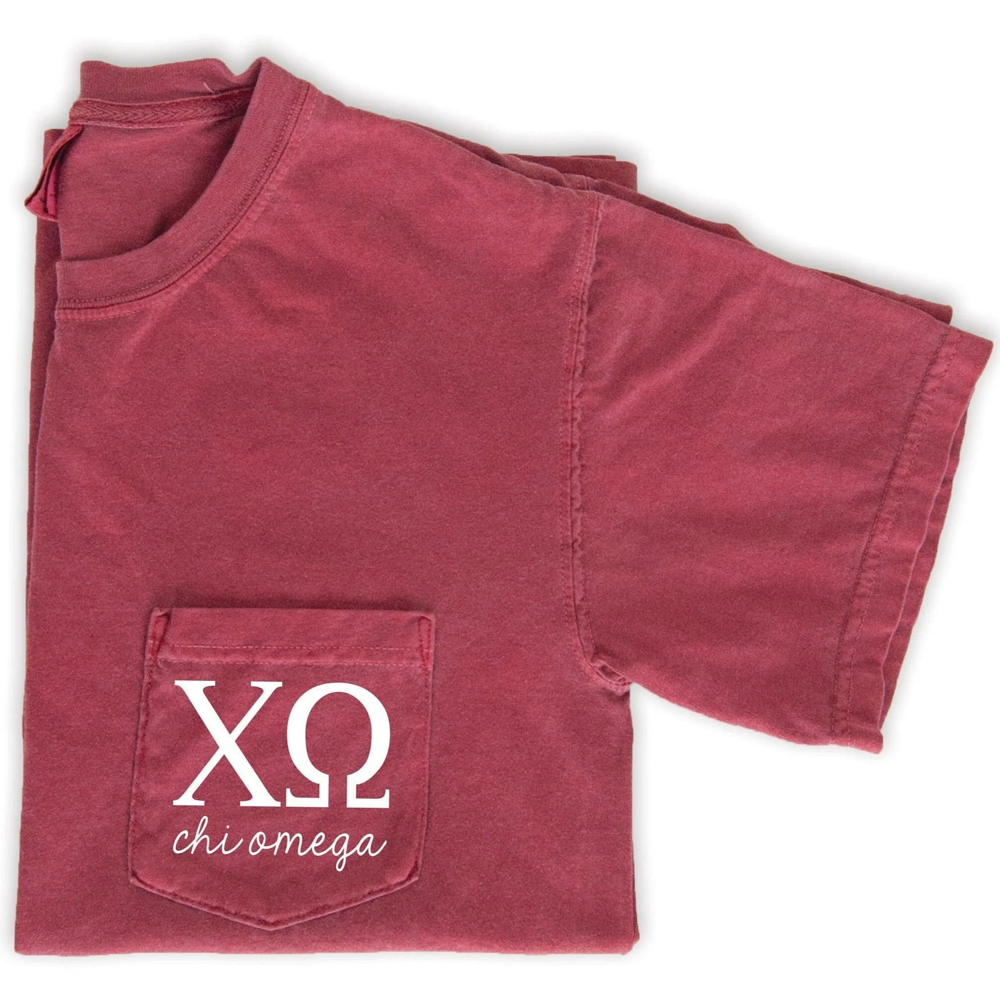 Chi Omega Script Letters Pocket Tee - Crimson