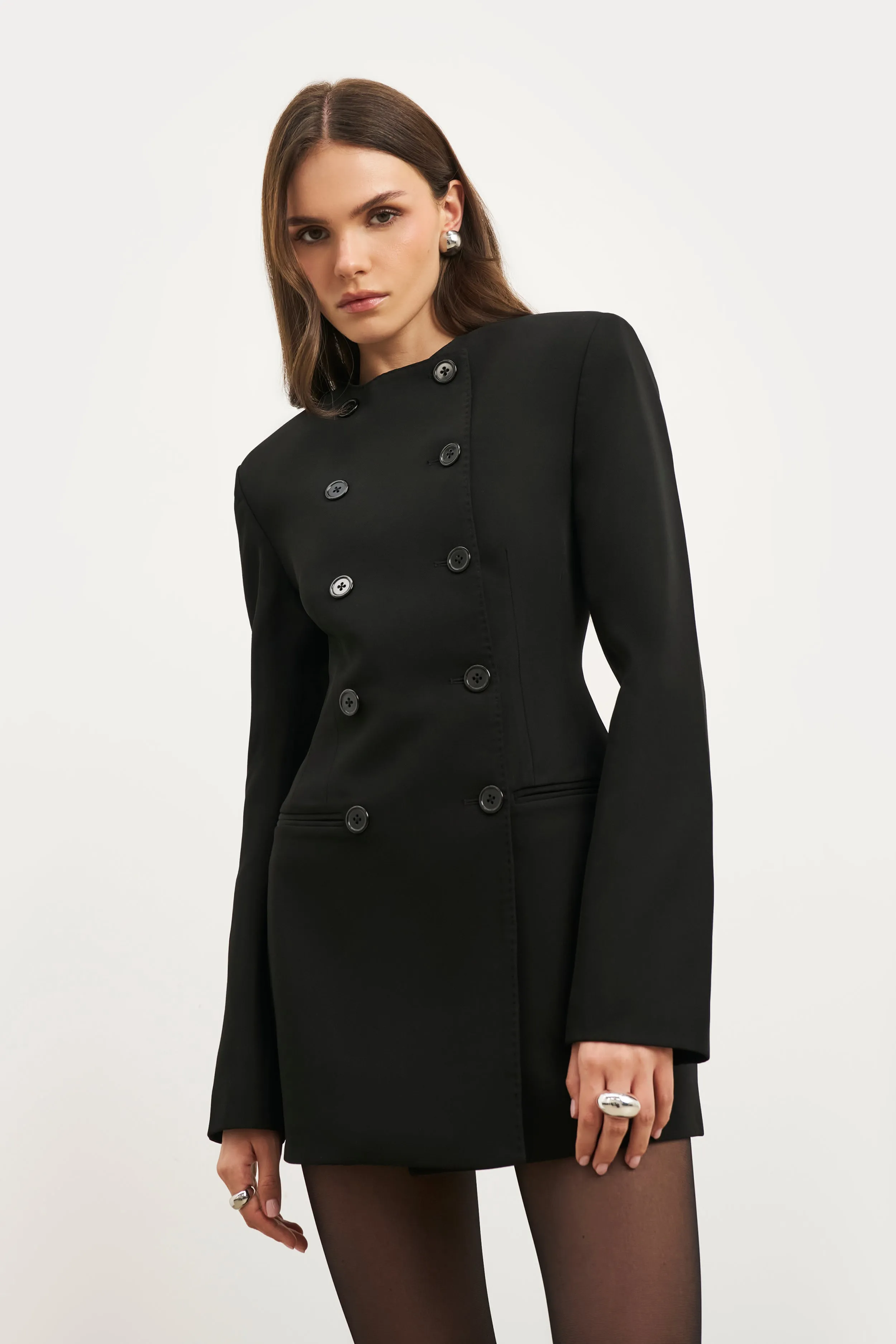 Tailored Collarless Blazer Dress - Black Flattering Design