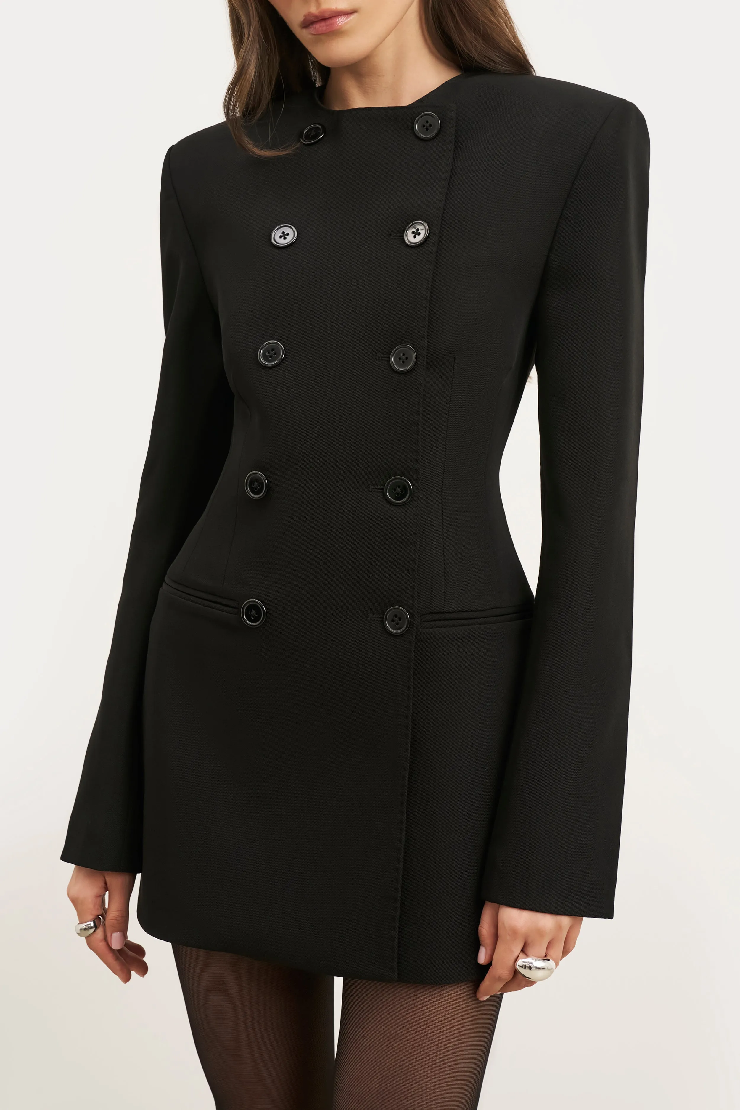 Go To Wear Long Sleeve Tailored Collarless Blazer Dress - Black