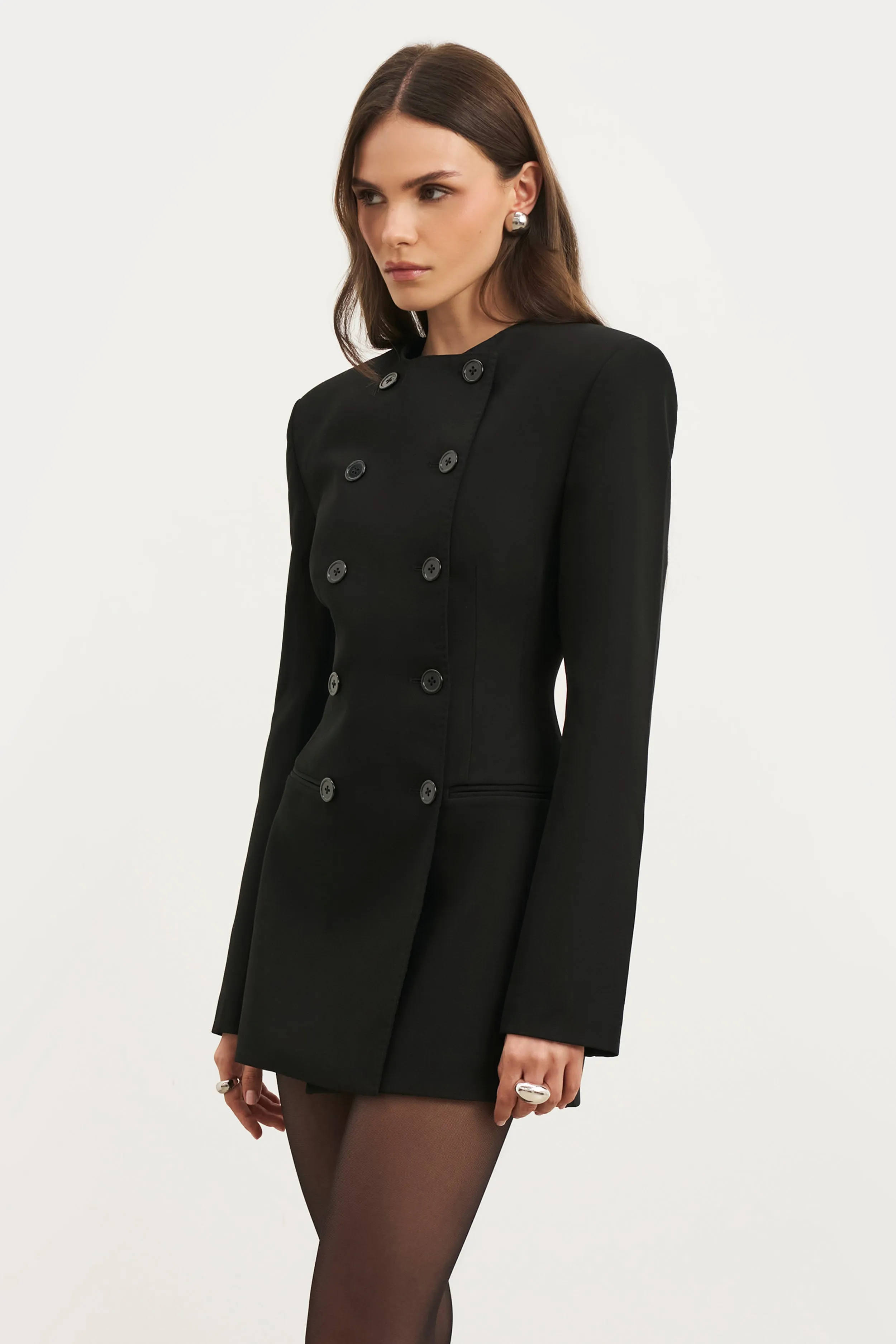 Tailored Collarless Blazer Dress - Black Chic Waistband