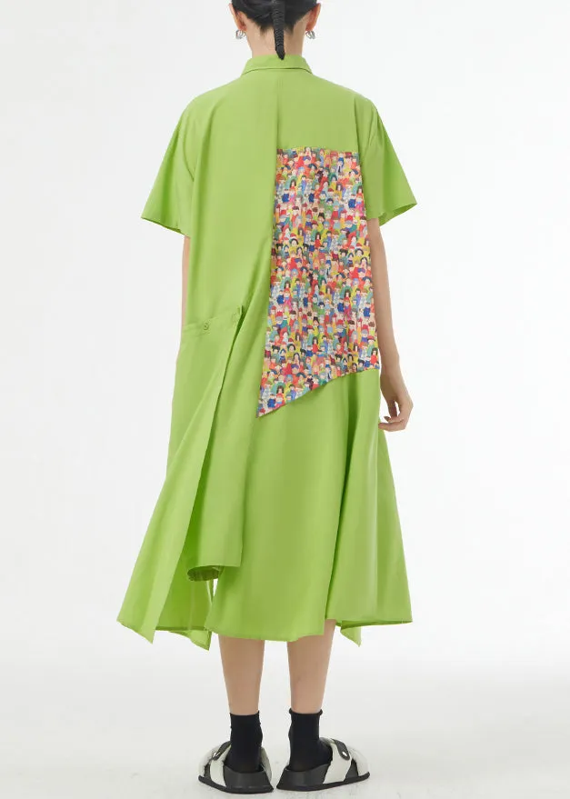 Chic Grass Green Asymmetrical Button Patchwork Silk Cotton Shirts Dress Summer LY9313